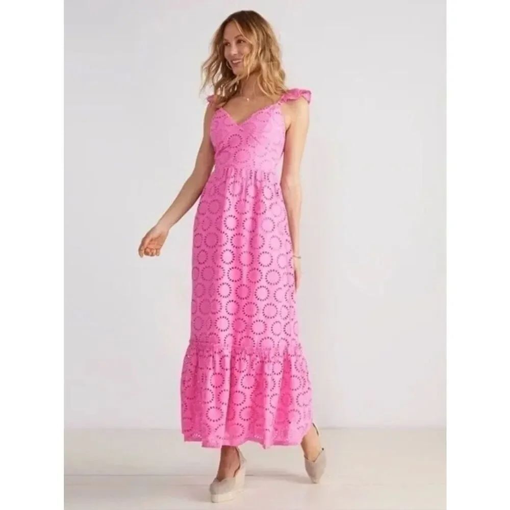 Vineyard Vines Pink Eyelet Maxi Sundress with Ruffled Straps Cottagecore lace